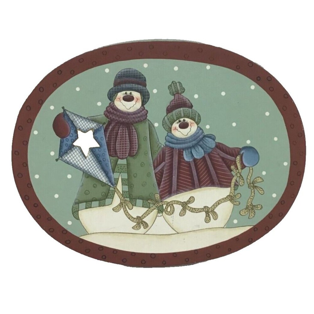 Folk Art Snowmen Hand Painted Wood Lid Oval Country Winter Snow Box Container